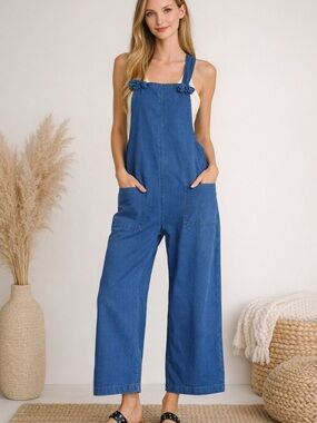 Zenana Blue Wide Leg Overalls Jumpsuit Adjustable Strap Casual Size Small